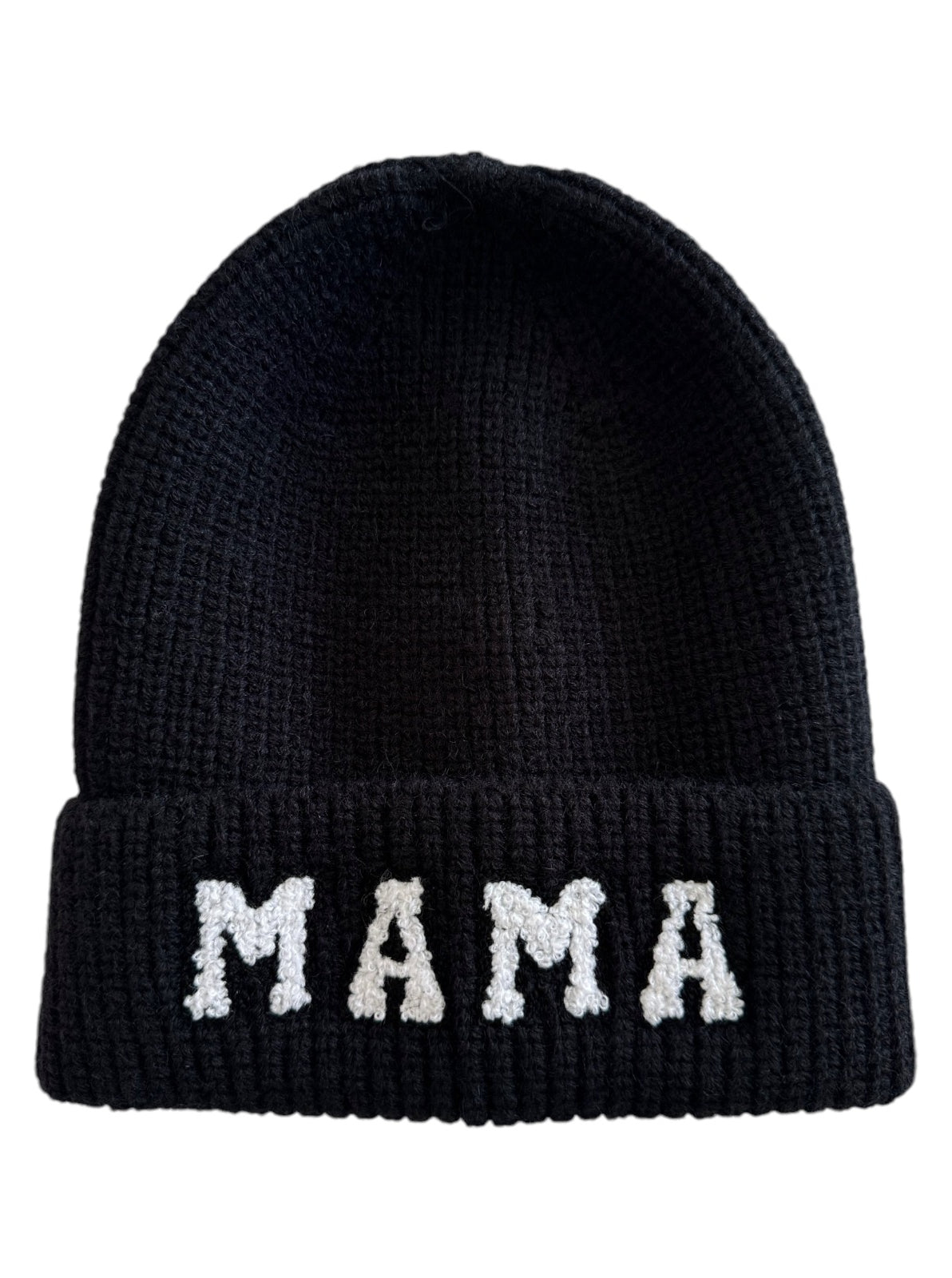 Black beanie with the word "MAMA" embroidered in white letters on the front.