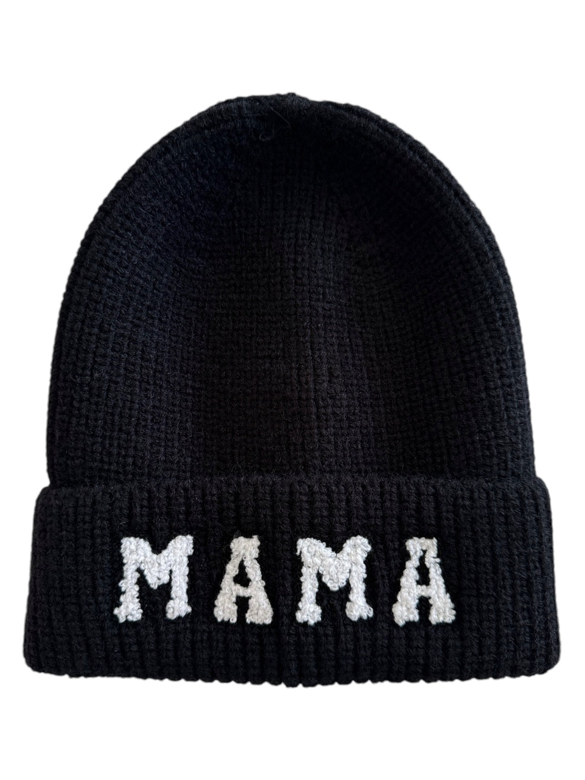 Black beanie with the word "MAMA" embroidered in white letters on the front.
