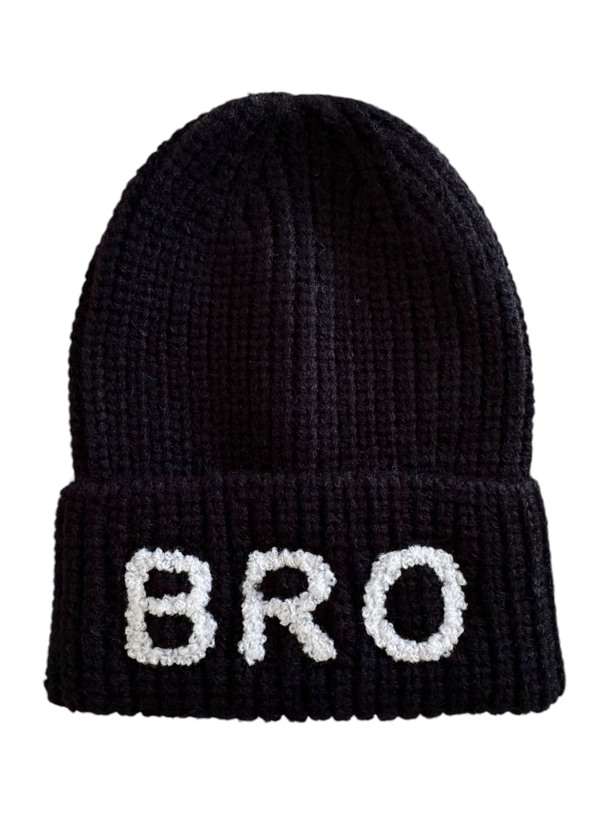 Black knit beanie featuring 'BRO' in white letters on the front, stylish winter accessory for casual wear.
