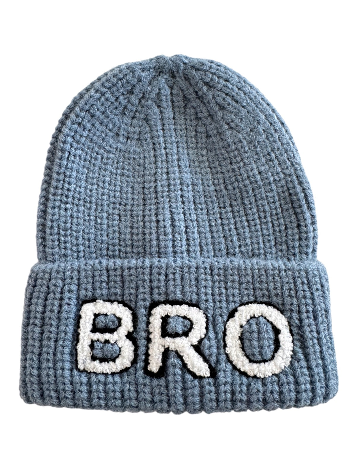 Gray knit beanie with white "BRO" lettering on the folded cuff.