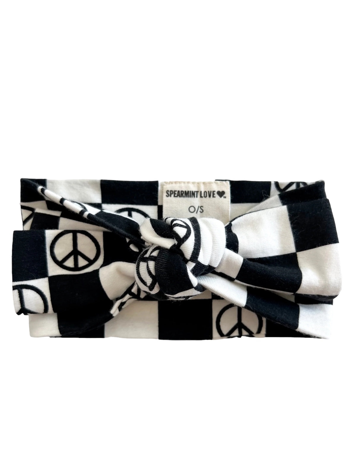 Black and white checkered headband with peace sign design, tied in a knot, labeled "SPEARMINT LOVE."