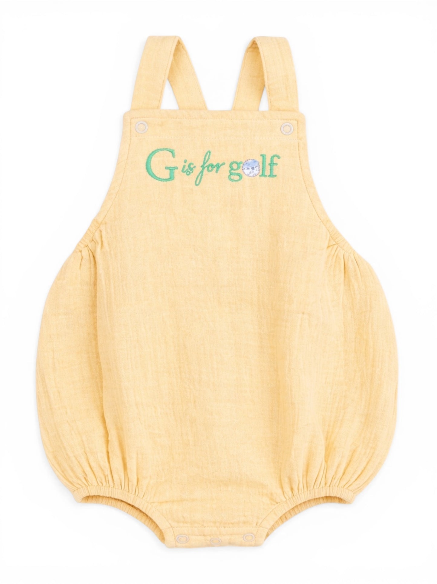 Yellow baby romper with "G is for golf" embroidery on the front and snap closure at the bottom.