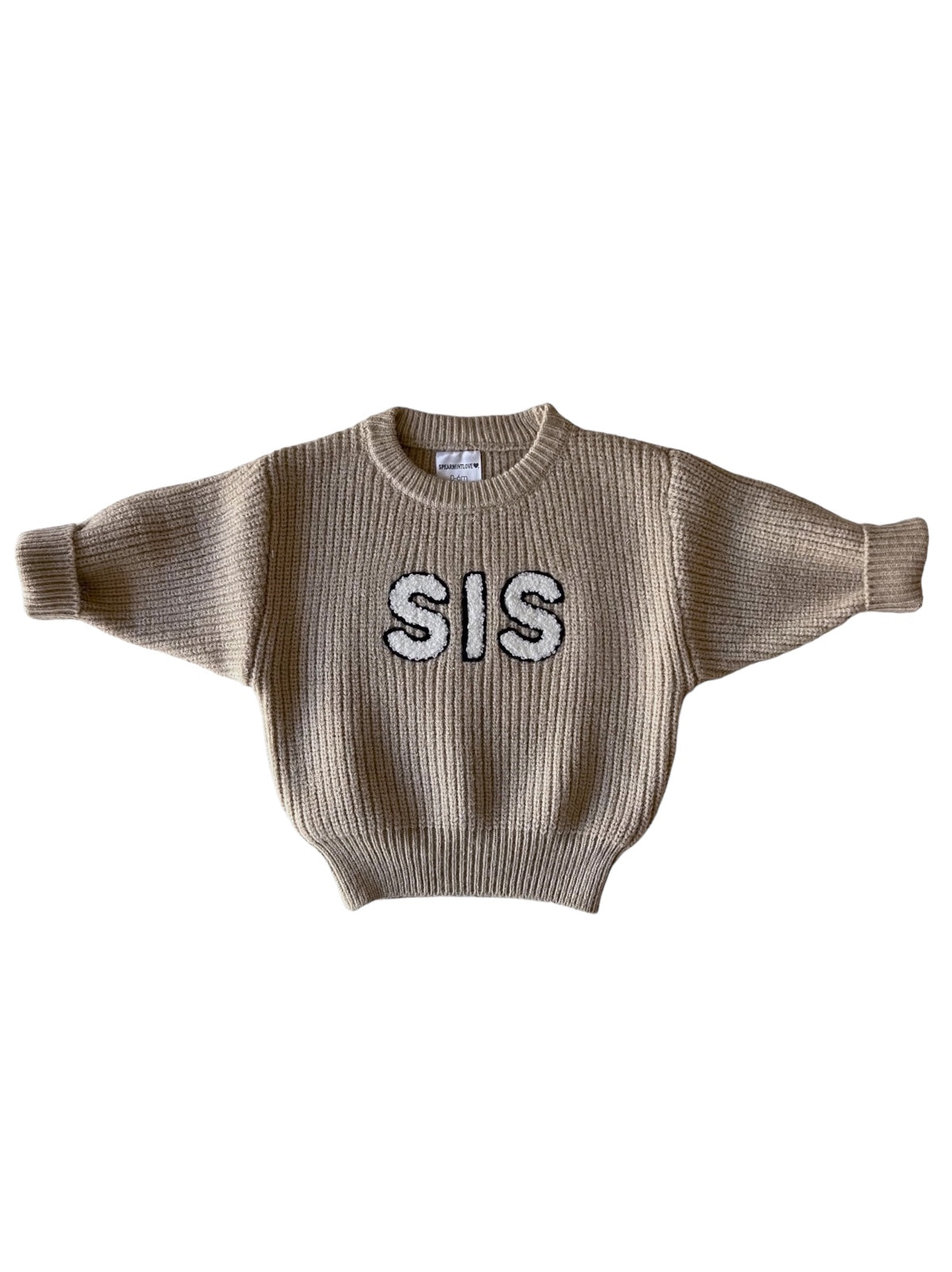 Beige knitted sweater with the word "SIS" prominently displayed on the front.