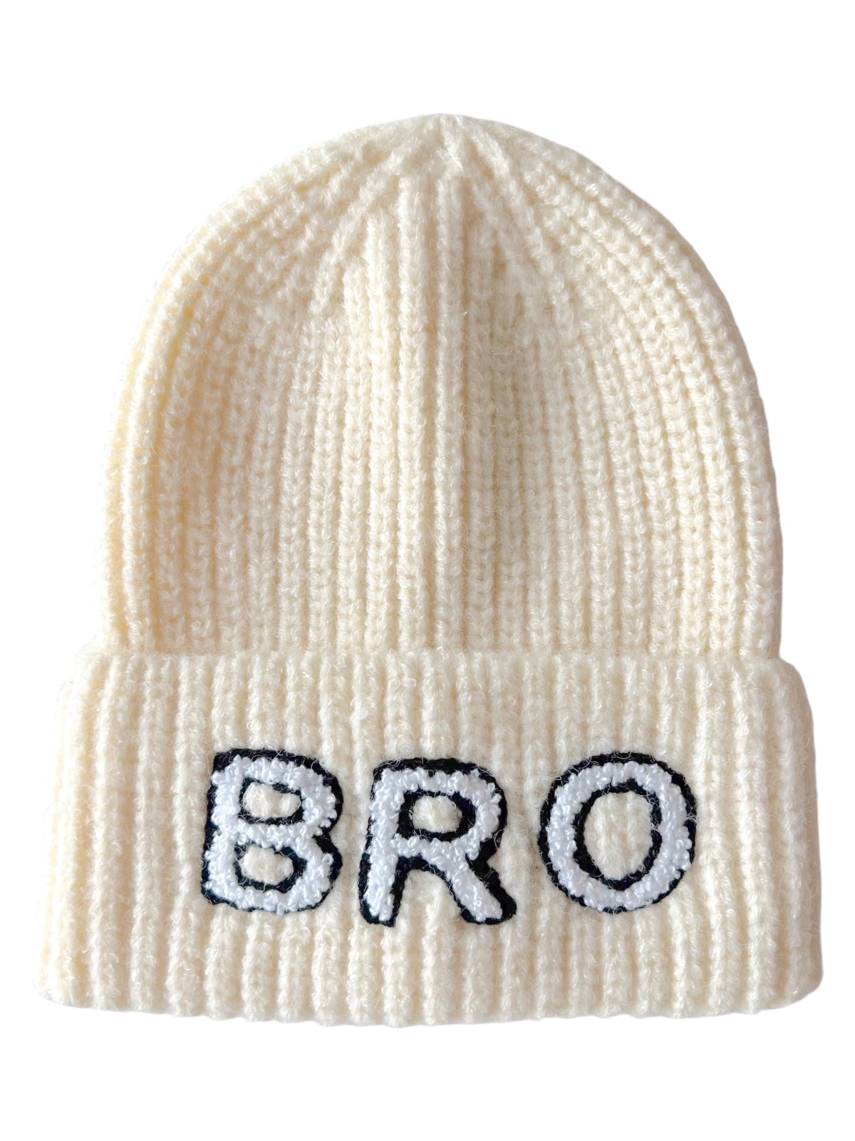 White knit beanie with a folded brim featuring the word "BRO" in black lettering.