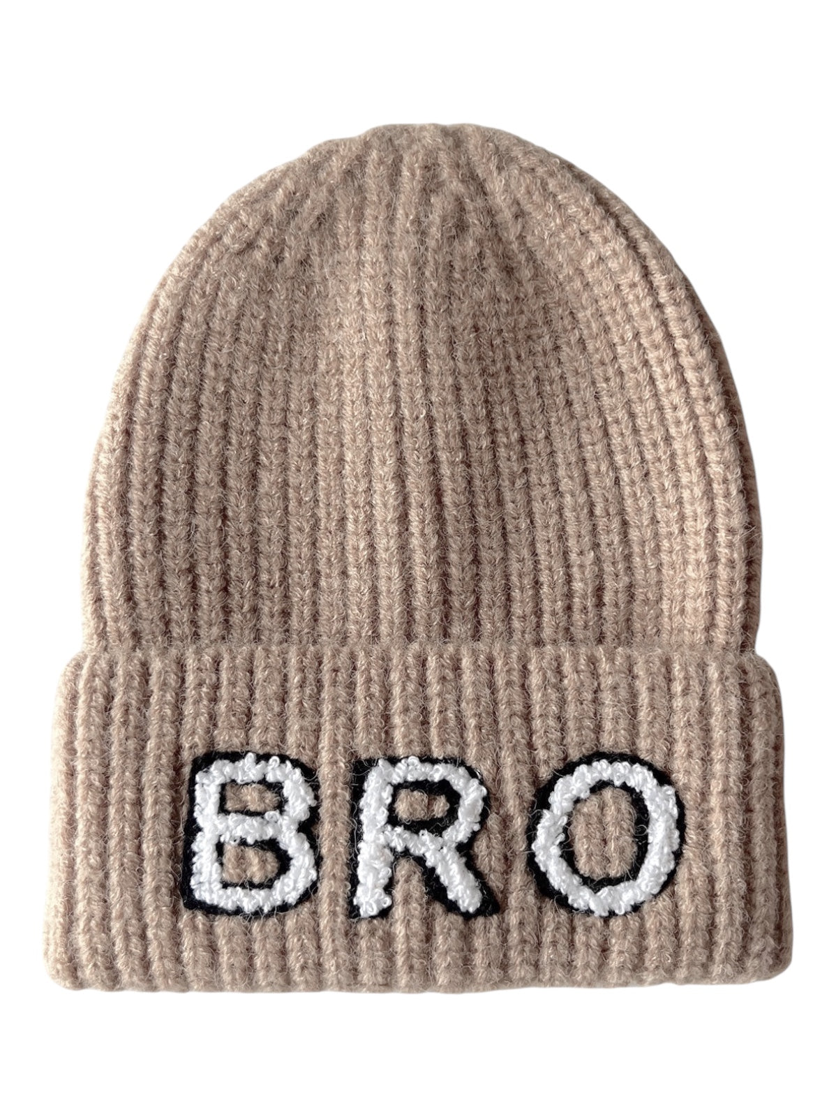 Beige knit beanie hat with "BRO" embroidered on the front in white and black.