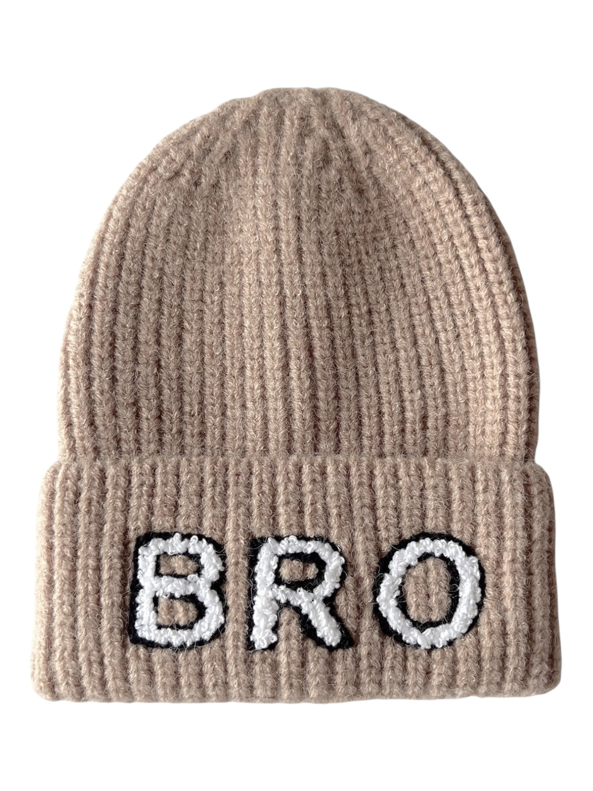 Beige knit beanie hat with "BRO" embroidered on the front in white and black.