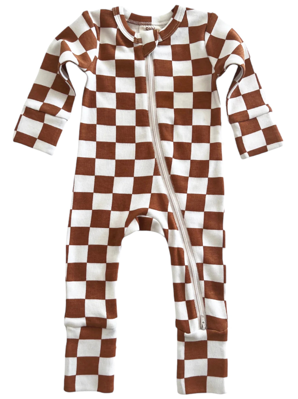 Brown and white checkered baby onesie with a front zipper and long sleeves.