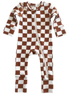 Brown and white checkered baby onesie with a front zipper and long sleeves.