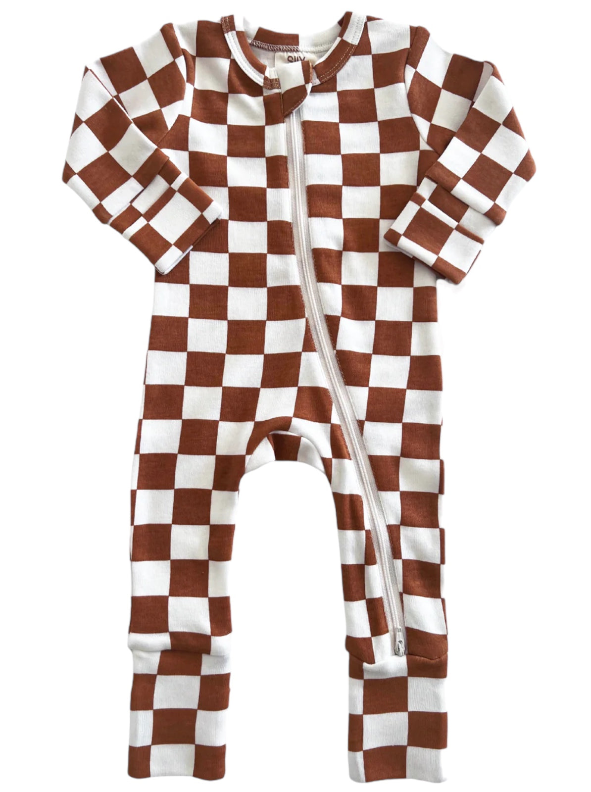 Brown and white checked baby onesie with a front zipper and long sleeves.