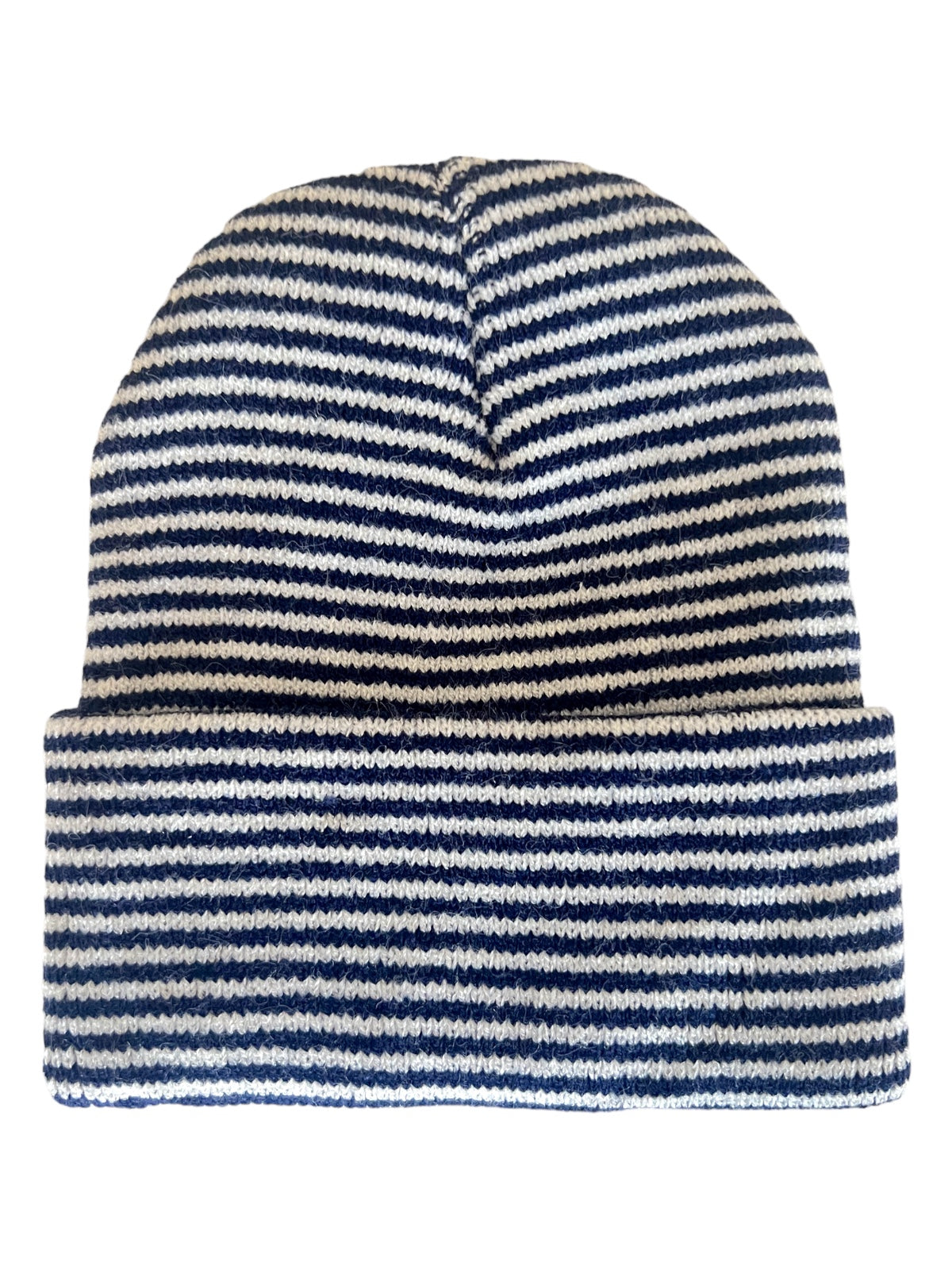Striped navy and white knit beanie hat, folded at the bottom for style and warmth.