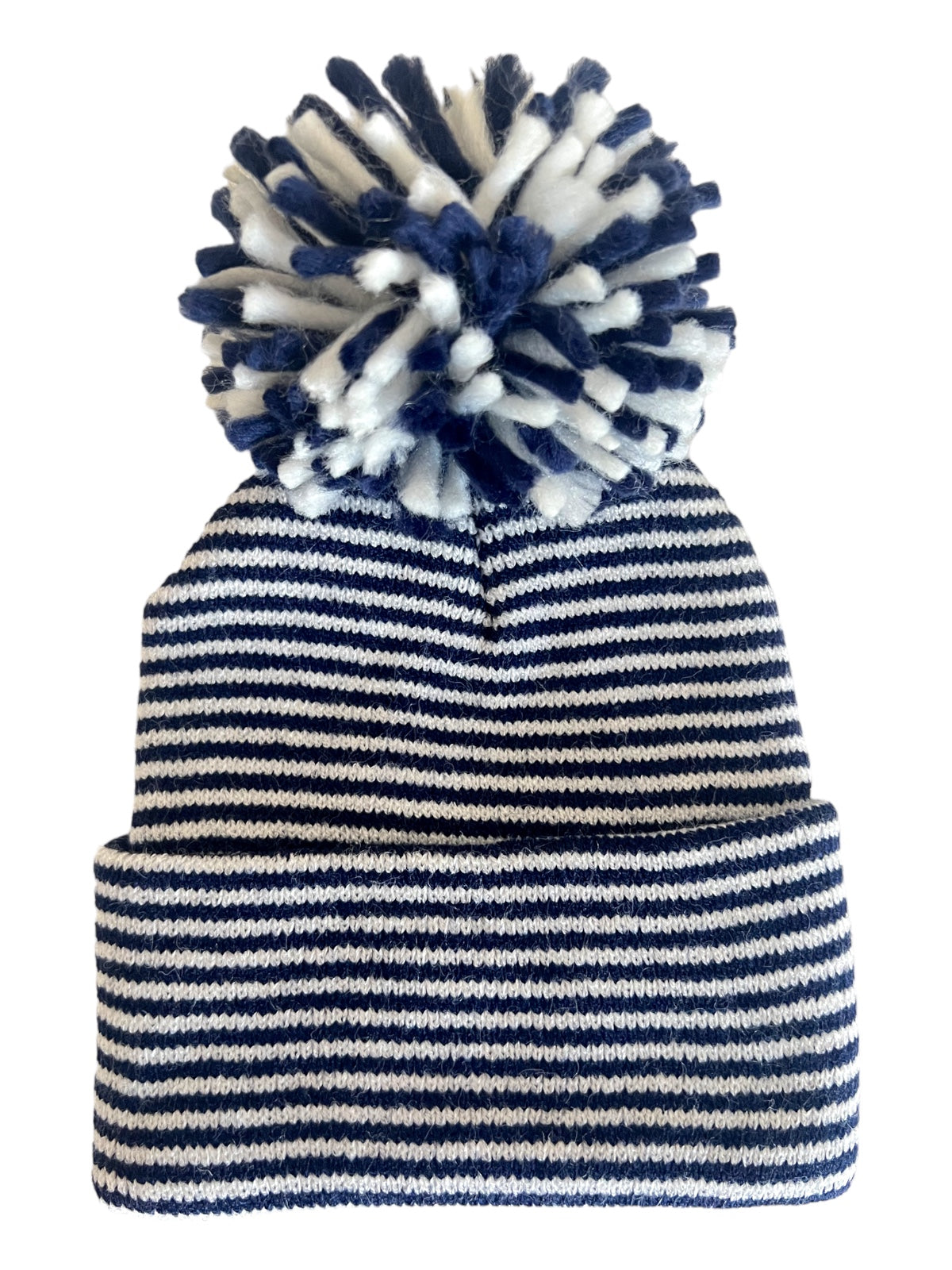 Striped beanie hat with a large pom-pom on top, featuring navy blue and white colors.