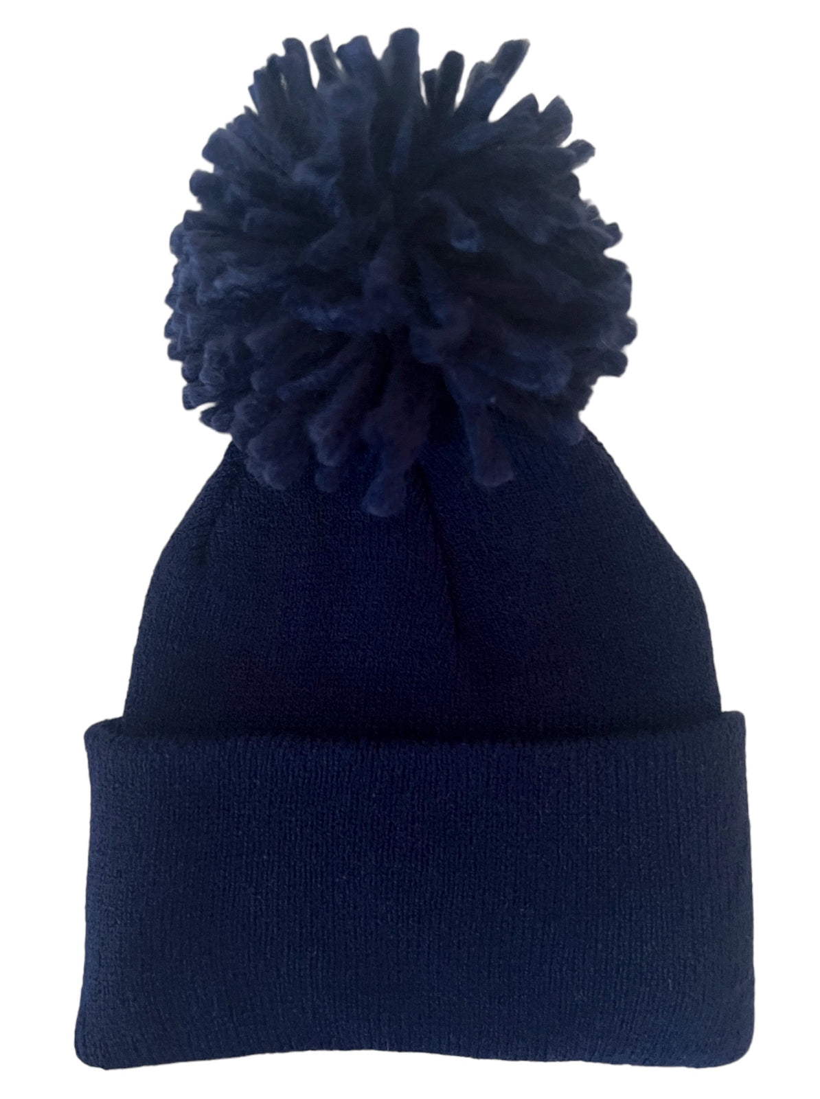 Navy beanie hat with a large pom-pom on top, featuring a folded cuff at the bottom.