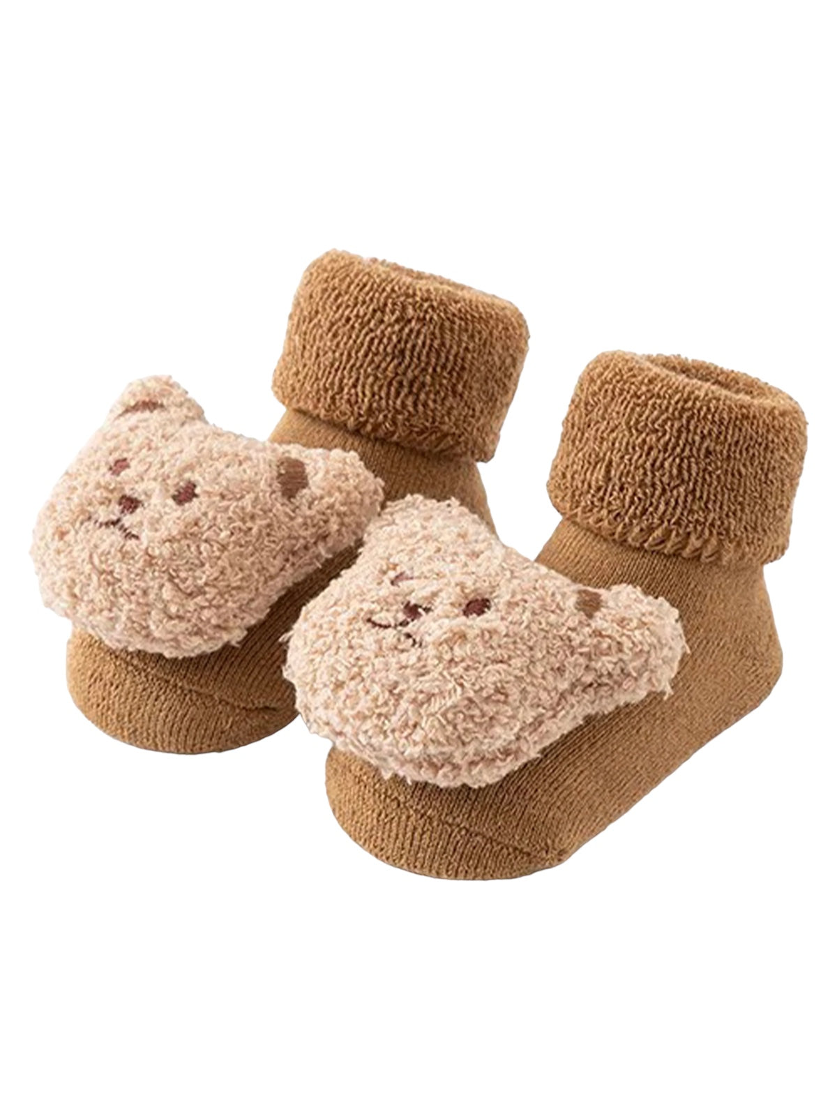 Brown baby socks with a fuzzy bear face design on the front and a cozy cuff.