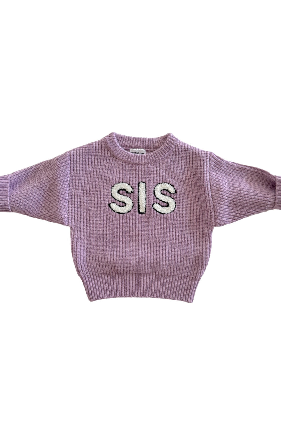 Light purple sweater with "SIS" embroidered on the front, featuring wide sleeves and a ribbed texture.