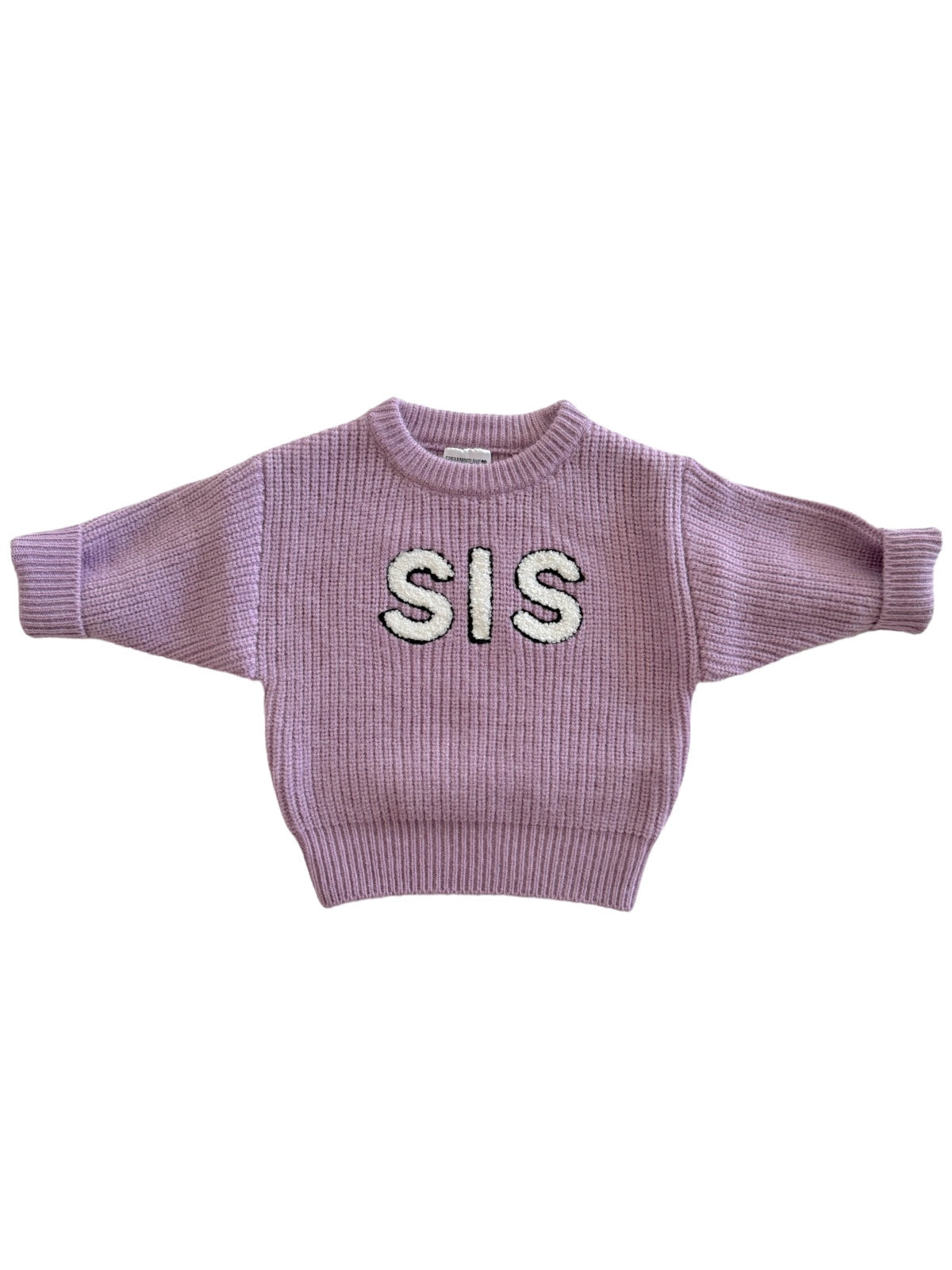 Light purple sweater with "SIS" embroidered on the front, featuring wide sleeves and a ribbed texture.