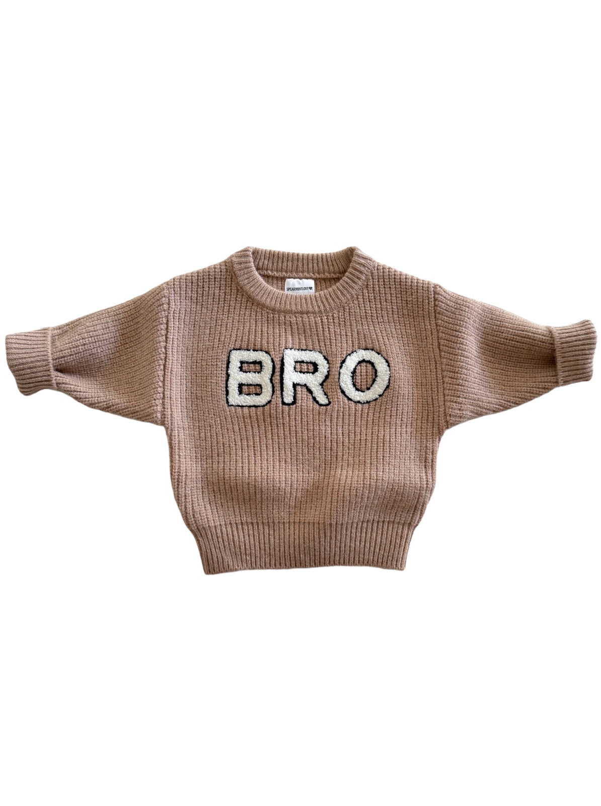 Tan knitted sweater with the word "BRO" in bold letters across the front.