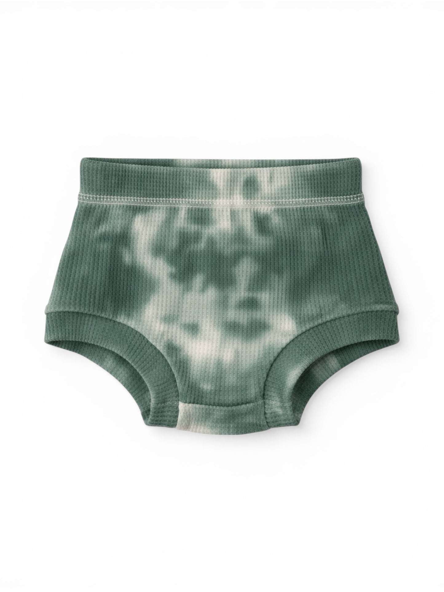 Green tie-dye baby shorts on a white background. Soft ribbed texture, classic design for comfort.