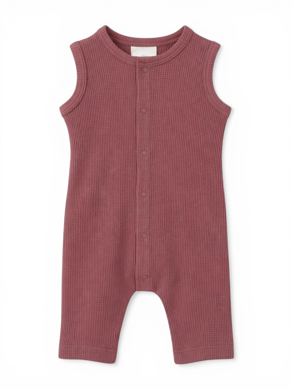 Light purple sleeveless baby romper featuring a button-down front and ribbed texture. Ideal for warm weather.