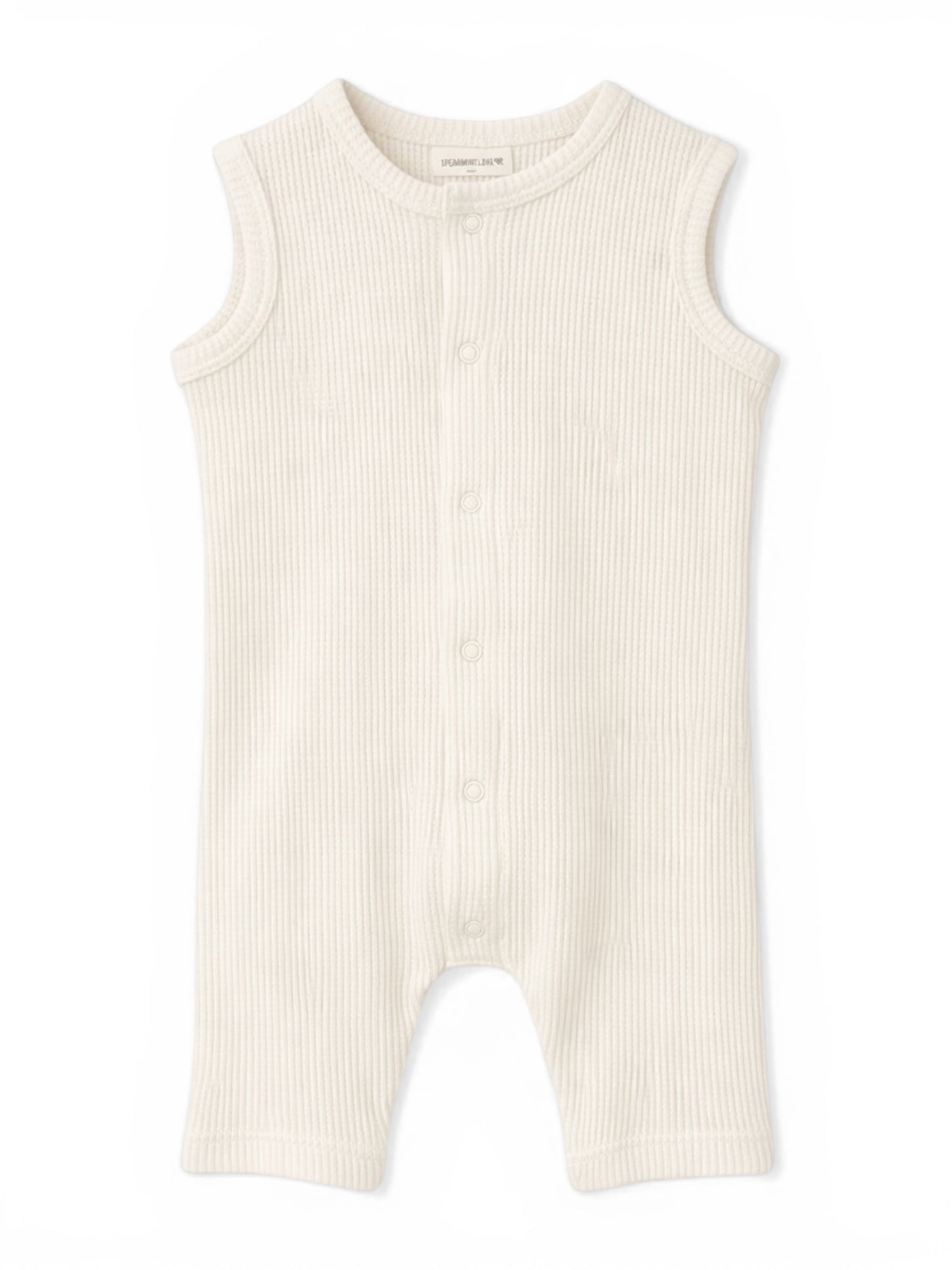 Light cream-colored baby romper with sleeveless design and front buttons, made from ribbed fabric.
