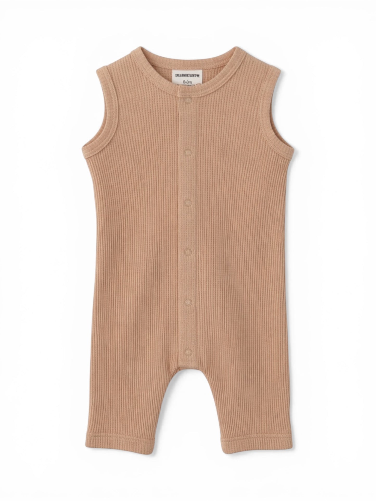 Tan ribbed baby romper with shoulder snaps and short legs, ideal for warm-weather outfits.