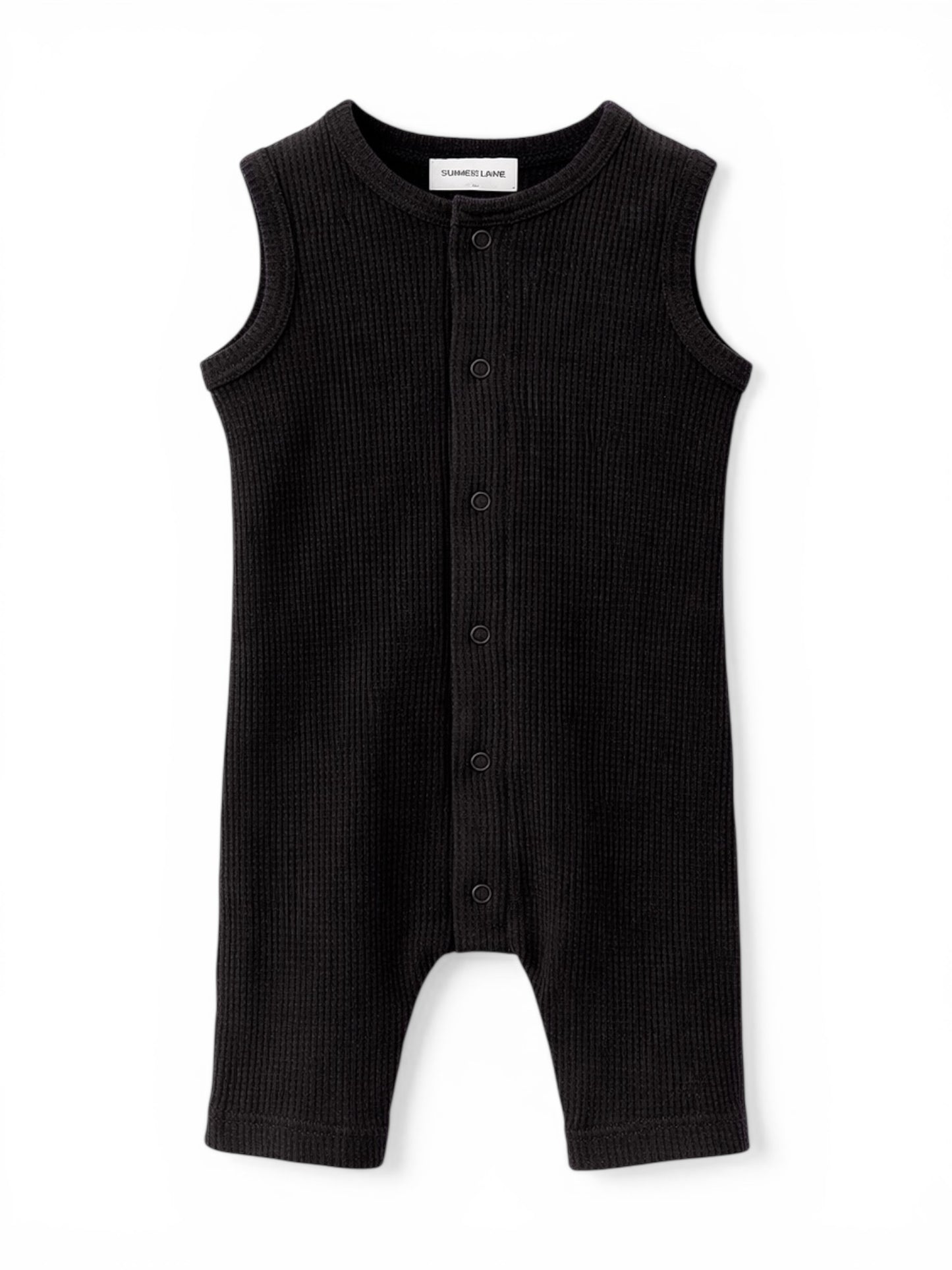 Black sleeveless ribbed romper with buttons, designed for infants and toddlers. Soft, comfortable fabric.