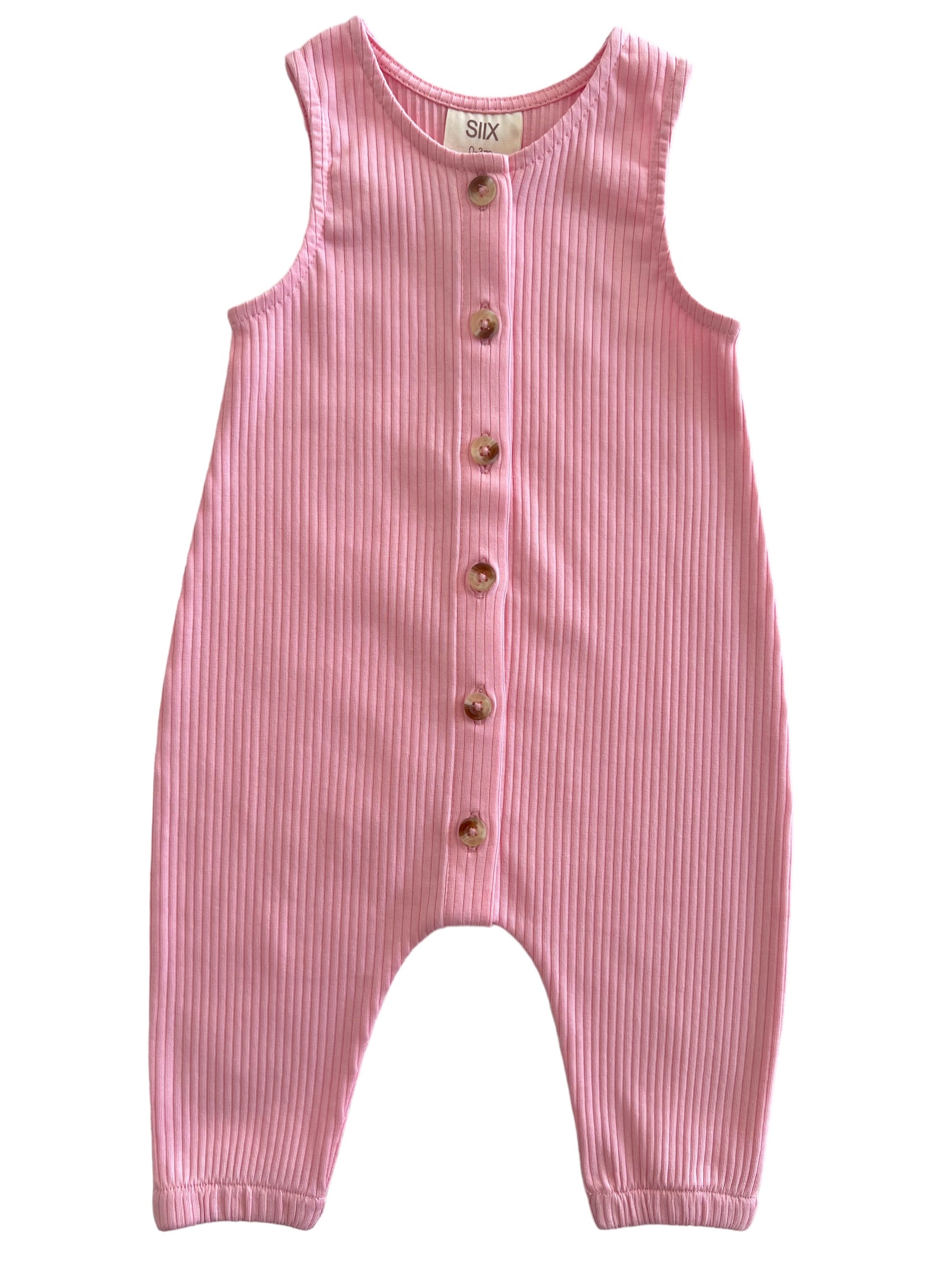 Pink ribbed romper with buttons, featuring a sleeveless design and gathered ankles for infants.
