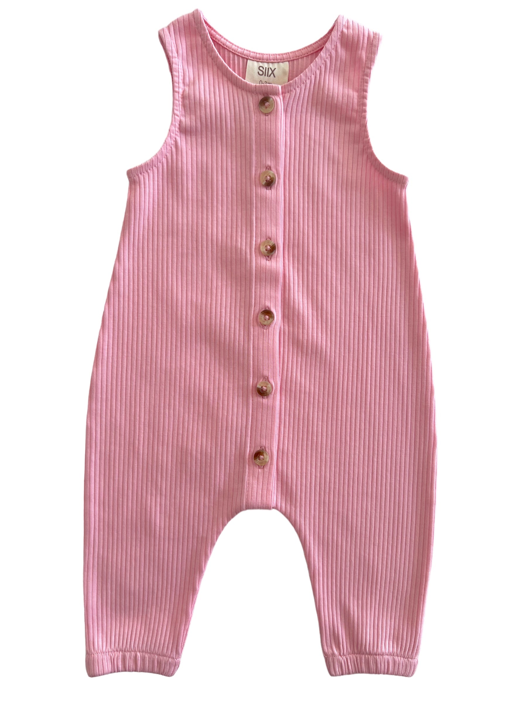 Pink ribbed romper with buttons, featuring a sleeveless design and gathered ankles for infants.