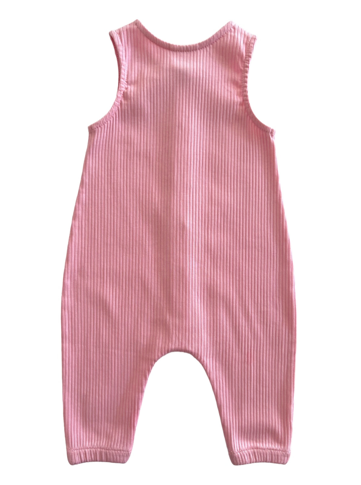 Light pink ribbed baby romper with sleeveless design and relaxed fit, viewed from the back.
