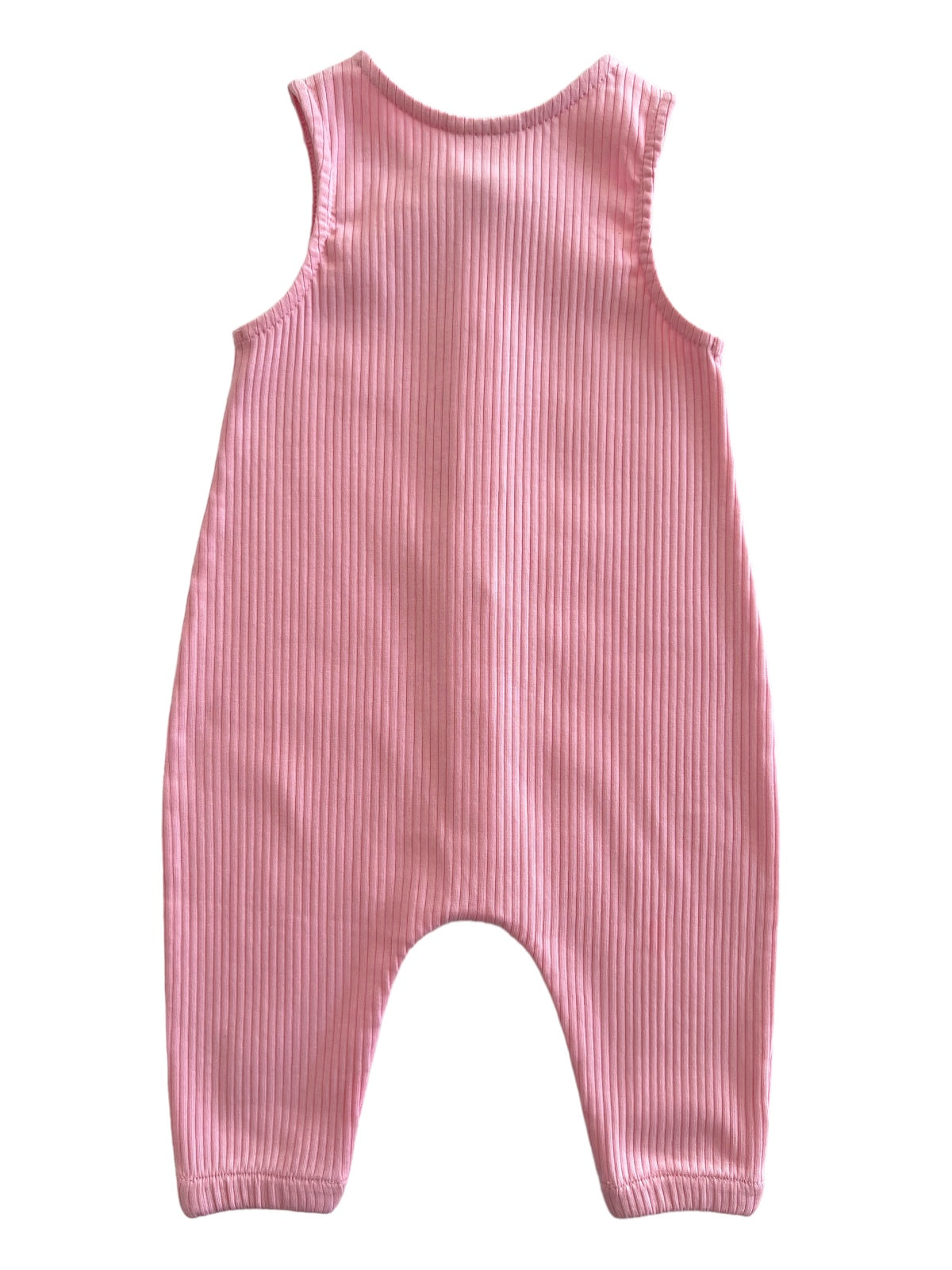 Light pink ribbed baby romper with sleeveless design and relaxed fit, viewed from the back.