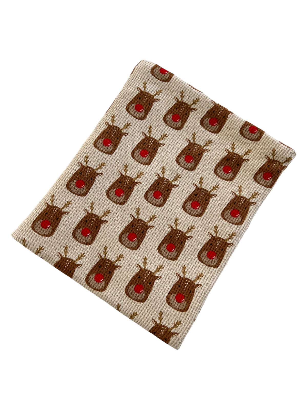 Patterned kitchen towel featuring multiple reindeer faces with red noses and antlers on a light background.