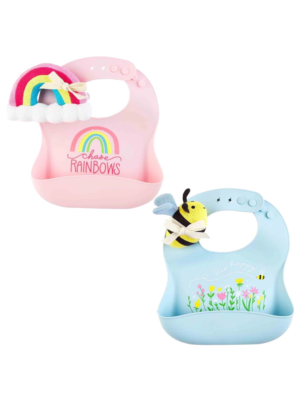 Two colorful silicone bibs: one pink with a rainbow design, one blue with a bee and flowers, ideal for toddlers.