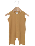 Yellow ribbed baby romper on a wooden hanger, size 0-3 months.