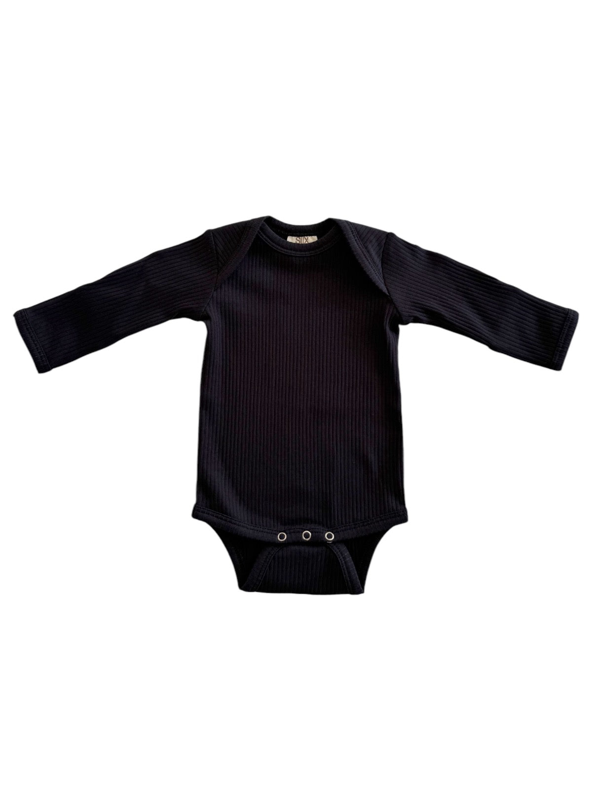 Black long-sleeve baby bodysuit with ribbed texture and snap closures at the bottom.