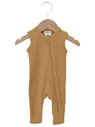 Mustard-colored infant onesie on a wooden hanger, featuring a zipper and ribbed texture. Ideal for ages 0-3 months.