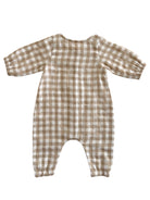 Beige and white gingham baby romper with long puff sleeves and elastic cuffs. Back view.