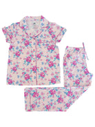 Pink floral pajama set featuring a short-sleeve button-up top and matching drawstring pants.