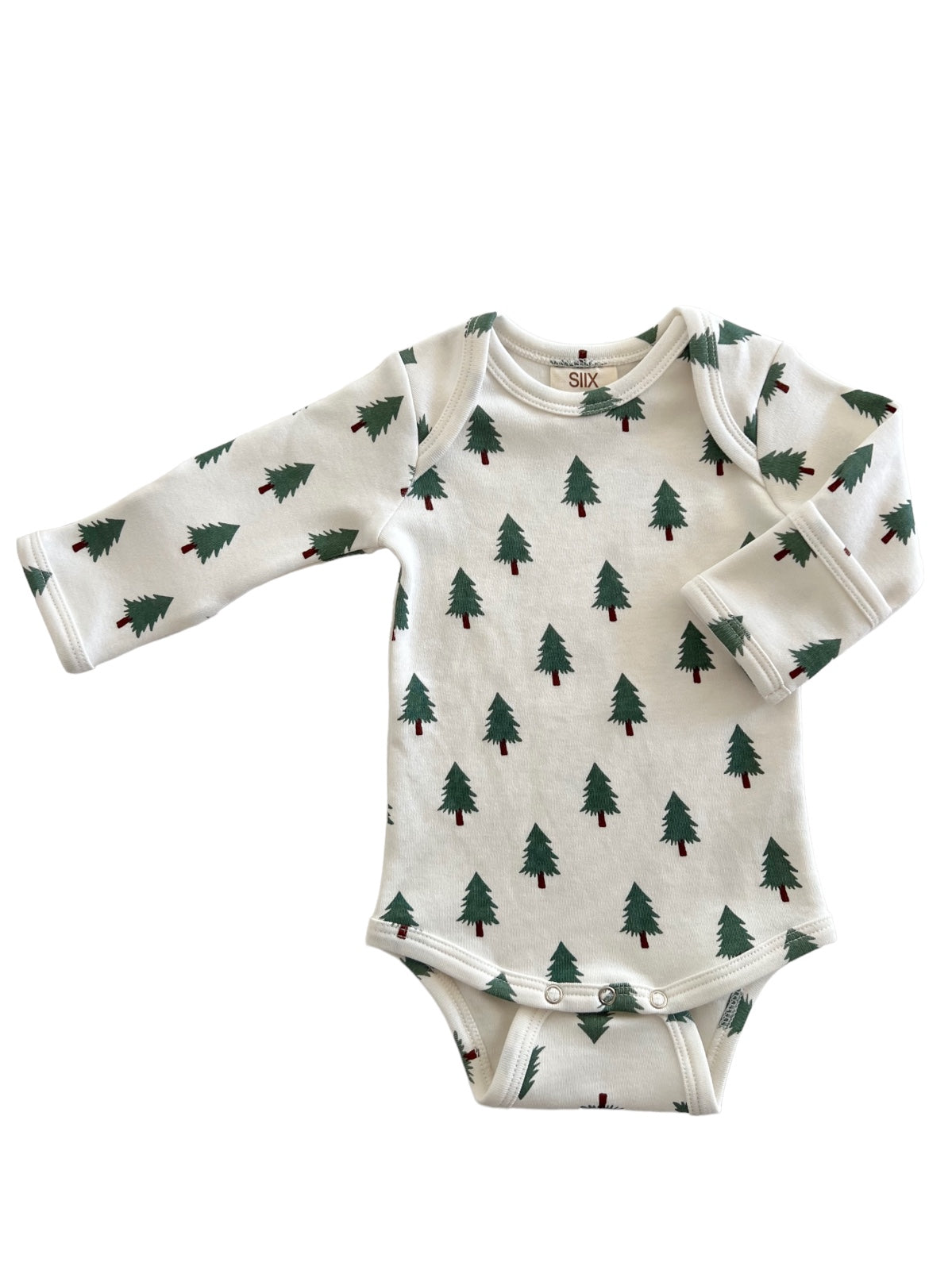 Long-sleeve baby onesie with a green tree print on a white background. Perfect for cozy outfits.