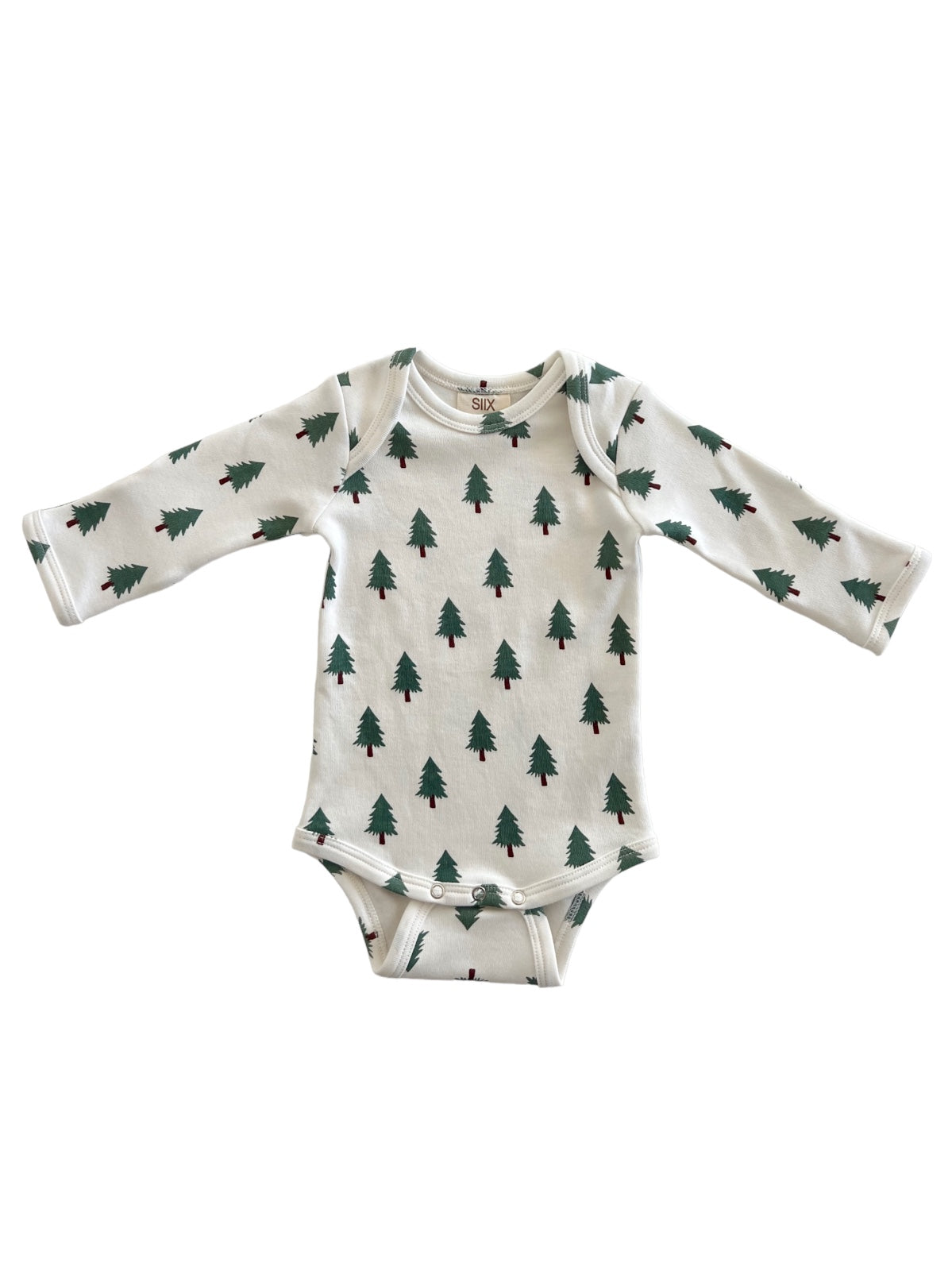 Long-sleeve baby onesie with green tree pattern on a white background.
