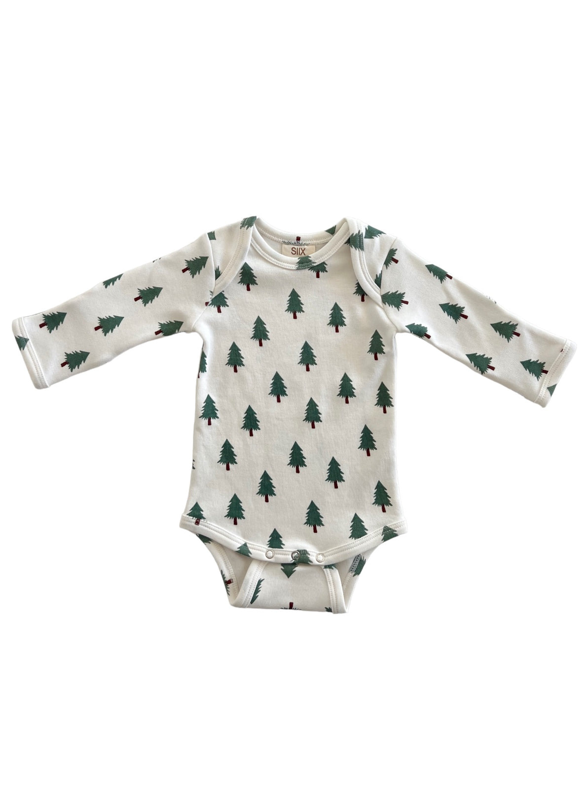 Long-sleeve baby onesie with green tree pattern on a white background.
