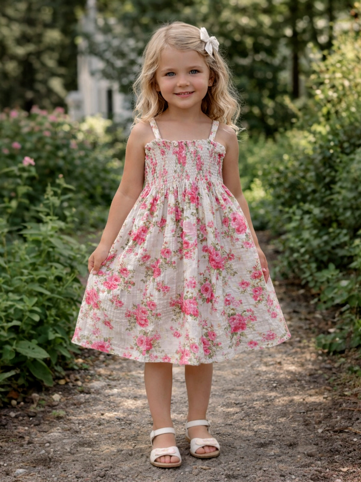 Smiling girl in a floral dress stands on a path surrounded by greenery, wearing a bow in her hair.