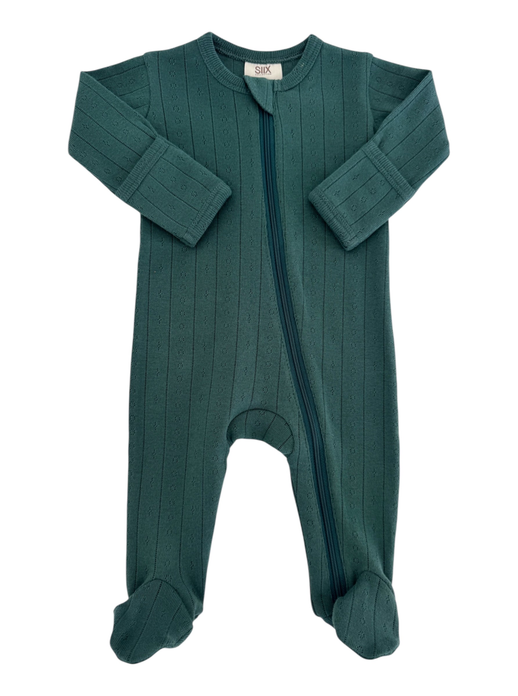 Teal baby onesie with ribbed texture, long sleeves, front zipper, and footed design.