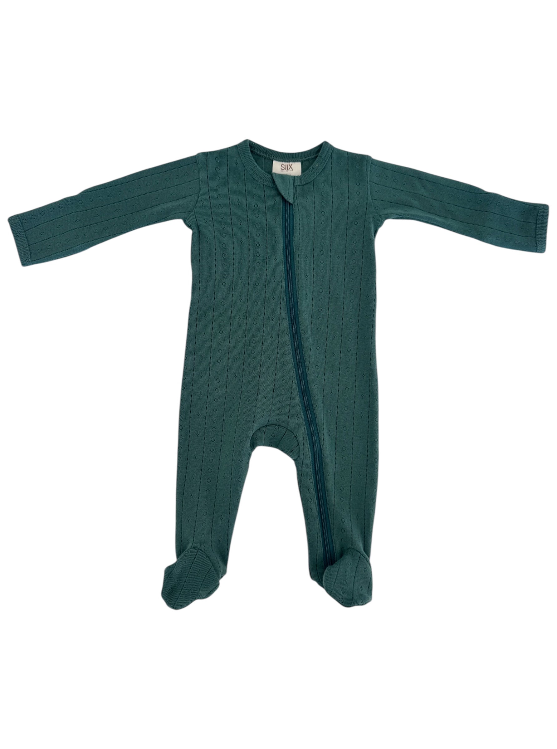 Teal baby onesie with long sleeves and a front zipper, featuring a ribbed texture and footed design.