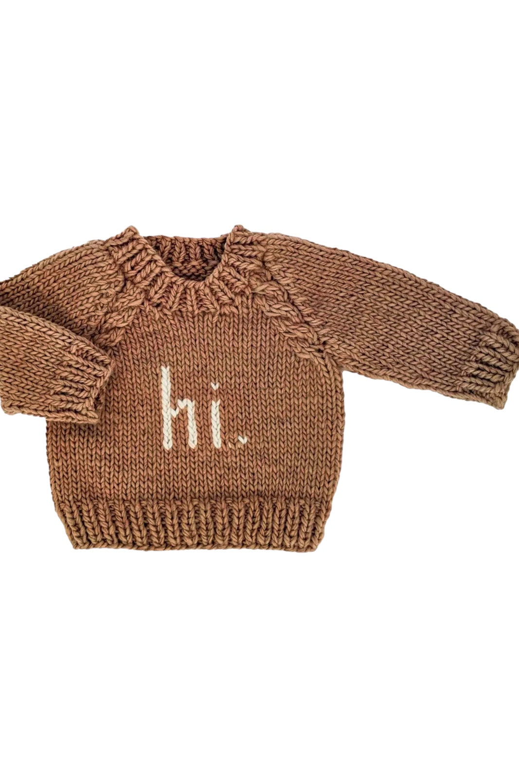 Brown knitted sweater with a crew neck and "hi." embroidered on the front. Perfect for infants and toddlers.