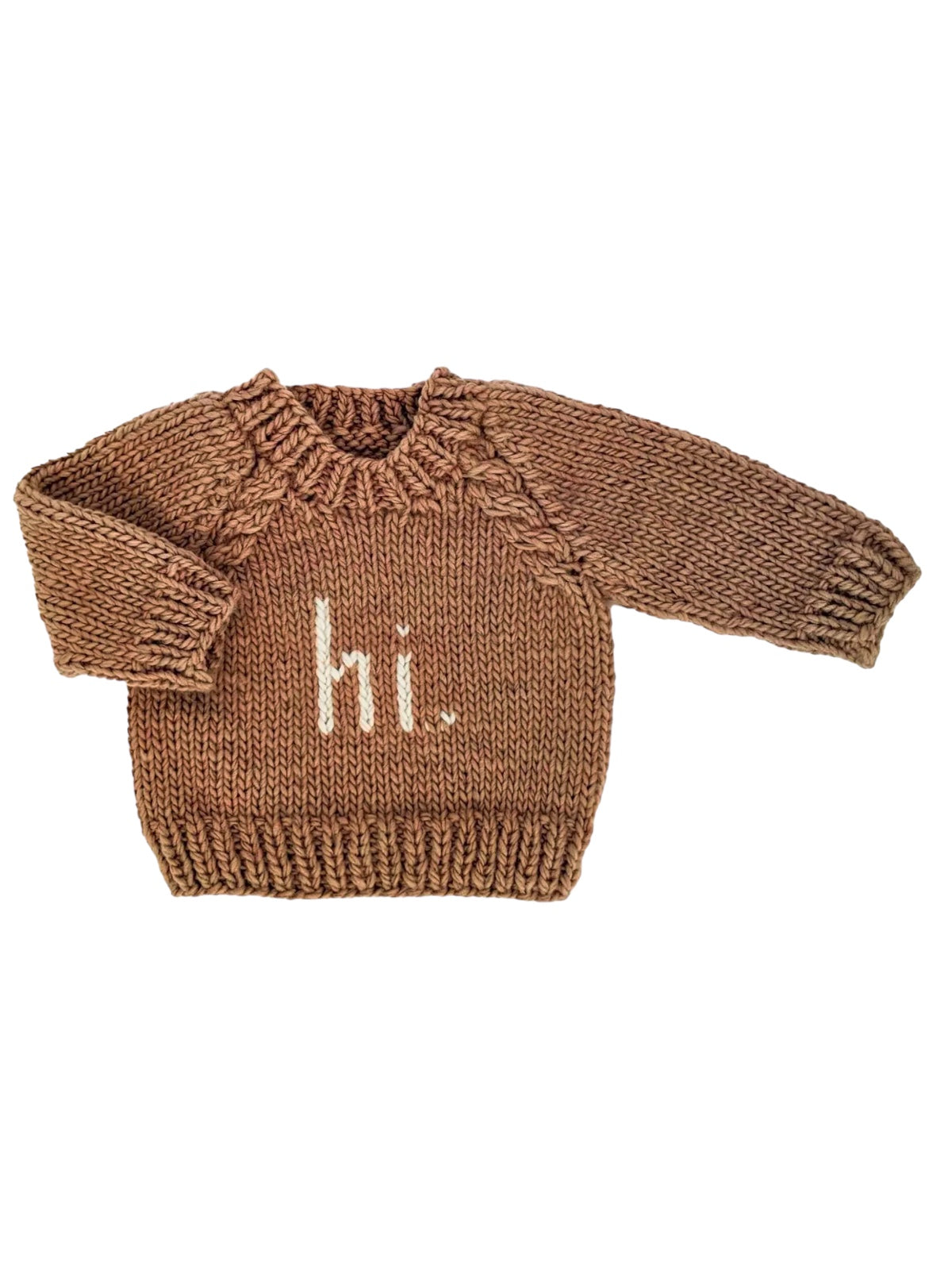Brown knitted sweater with a crew neck and "hi." embroidered on the front. Perfect for infants and toddlers.