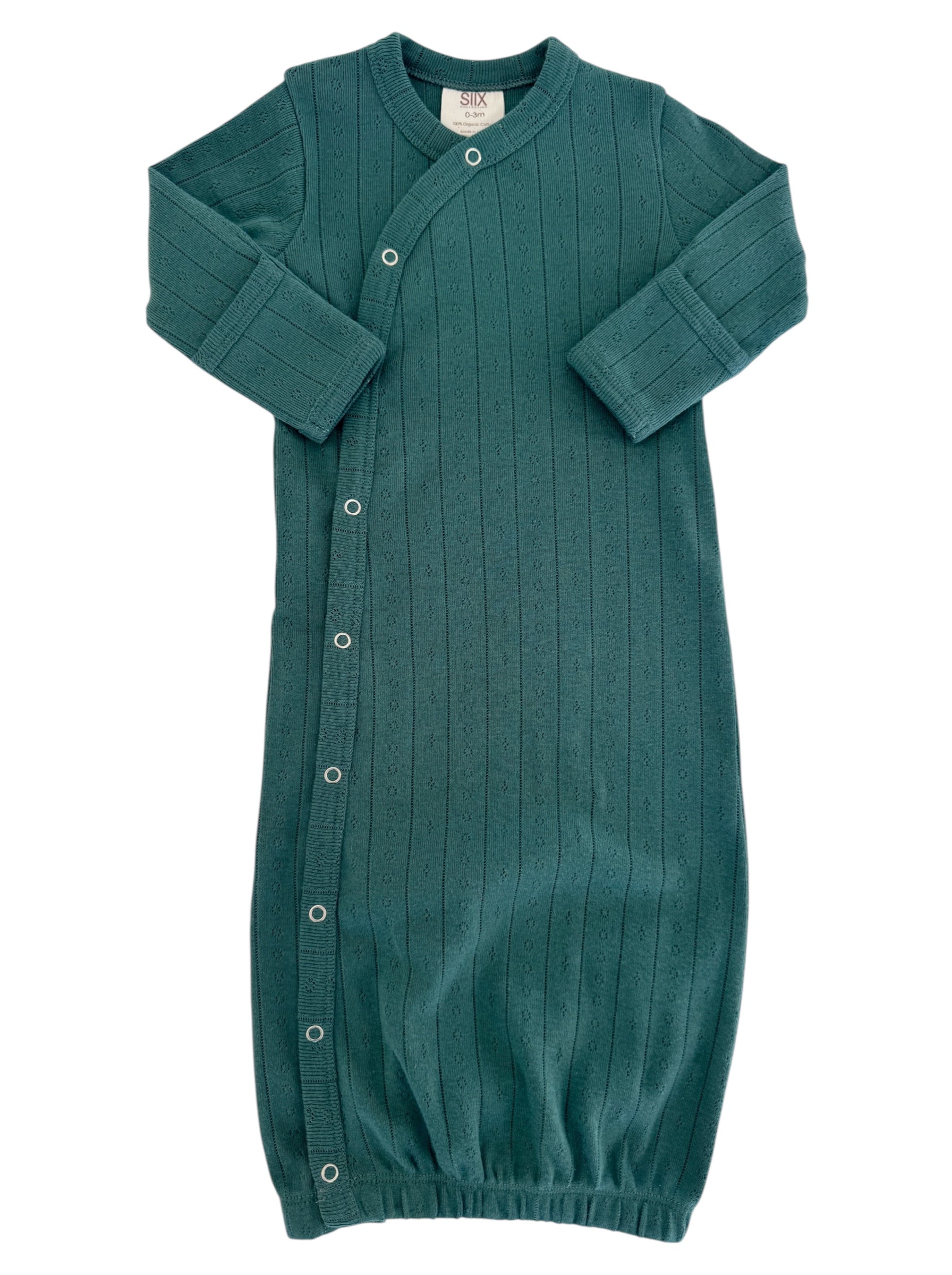 Teal baby gown with long sleeves and snap closures, featuring a ribbed texture and gathered hem.