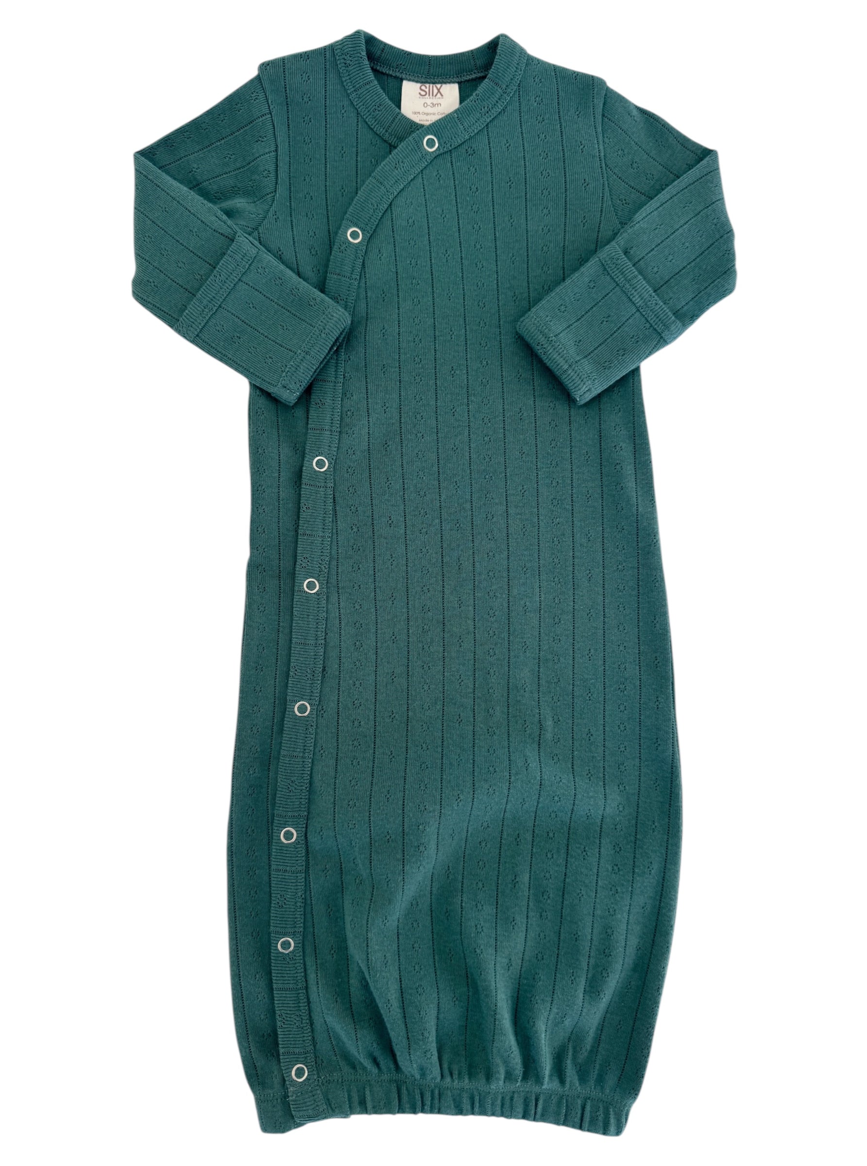 Teal baby gown with long sleeves and snap closures, featuring a ribbed texture and gathered hem.