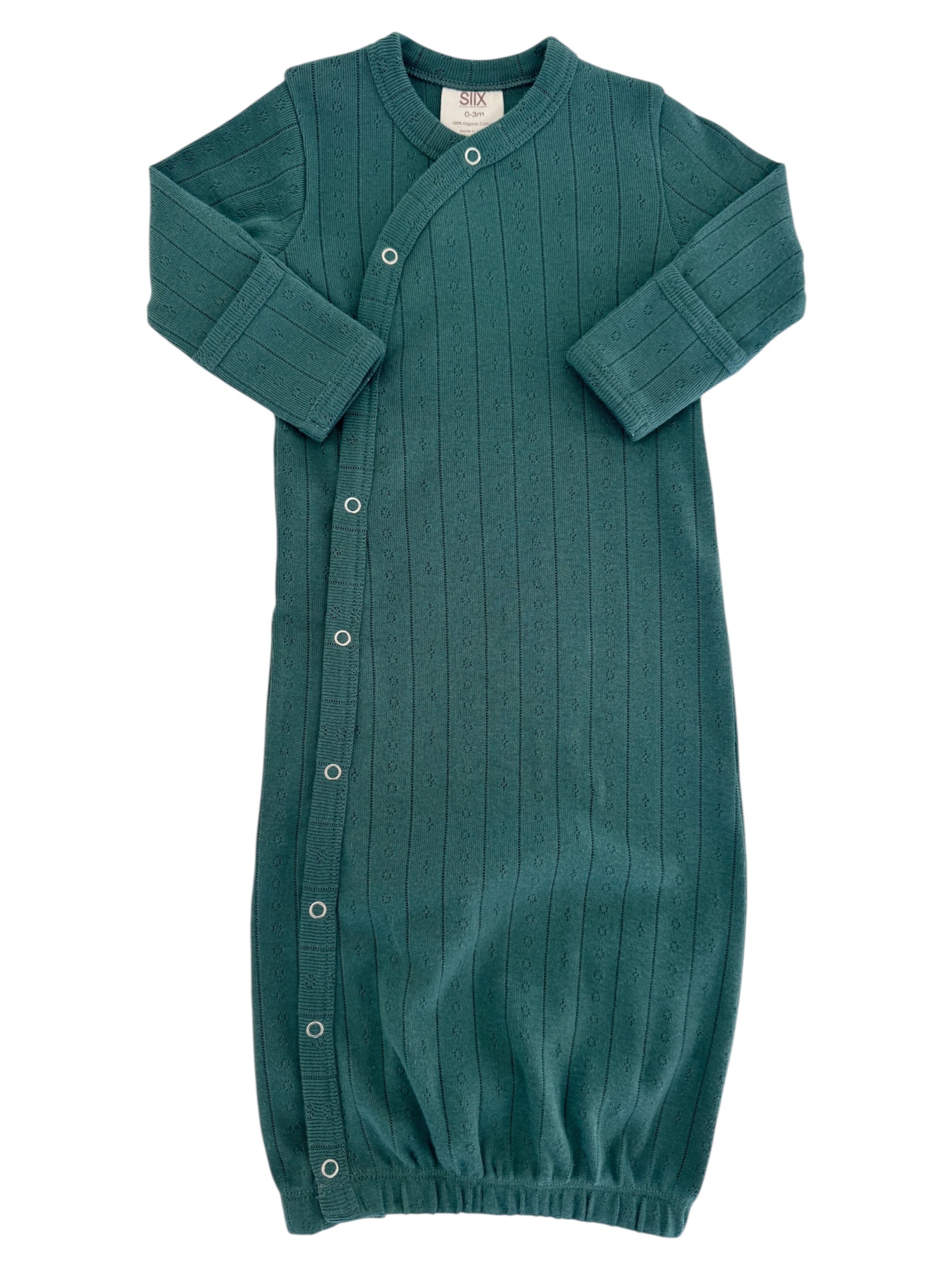 Teal baby gown with long sleeves and snap closures, featuring a ribbed texture and gathered hem.