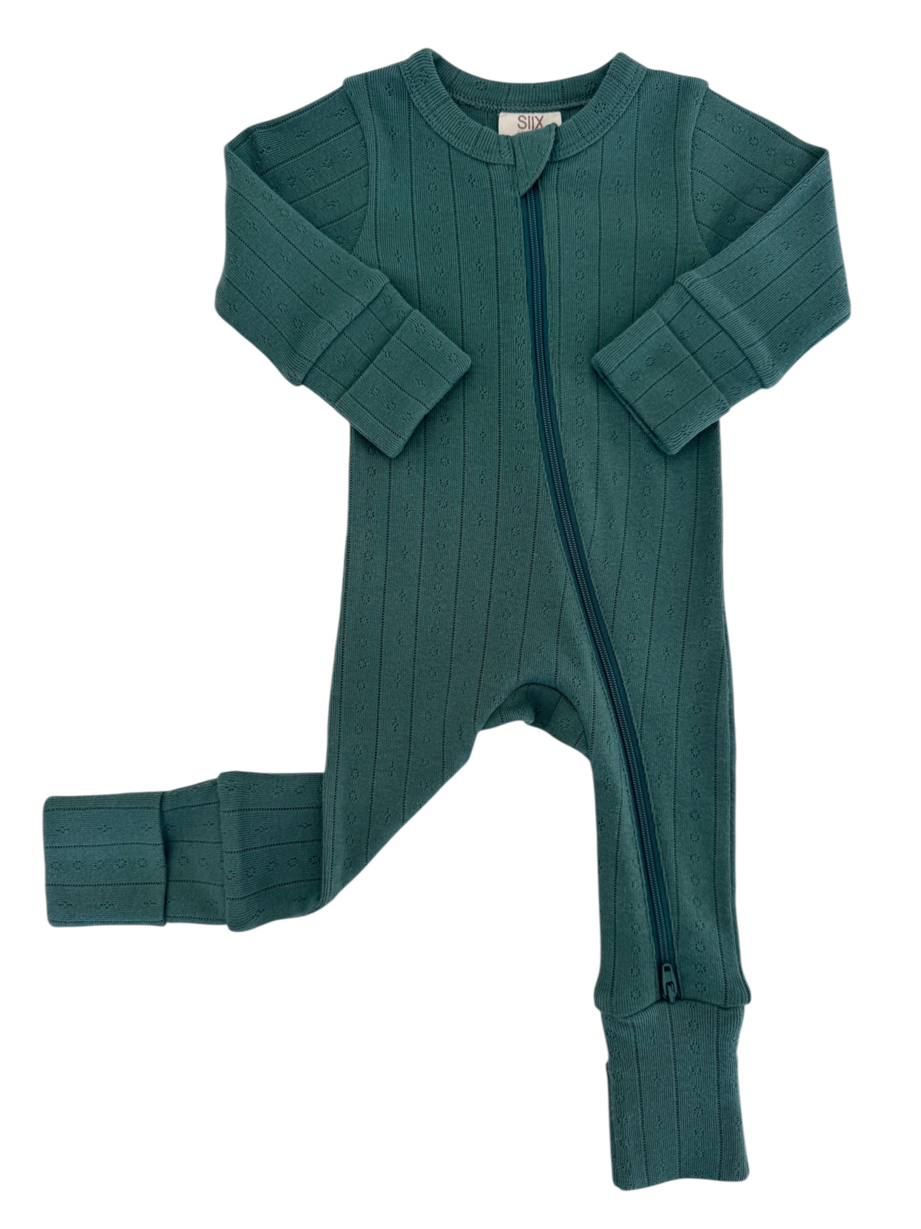 Green ribbed infant onesie with front zipper and long sleeves. Perfect for comfortable and cozy wear.