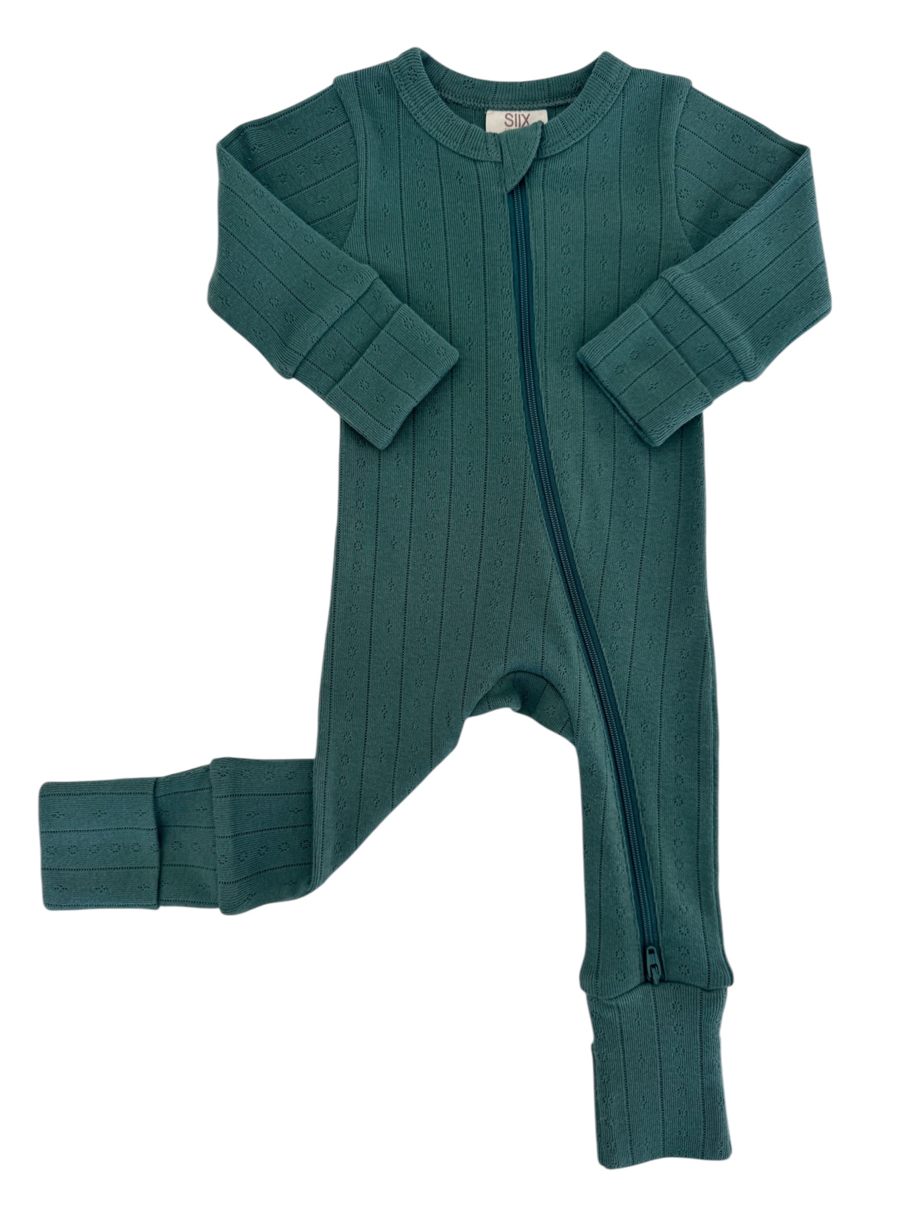 Green ribbed infant onesie with front zipper and long sleeves. Perfect for comfortable and cozy wear.