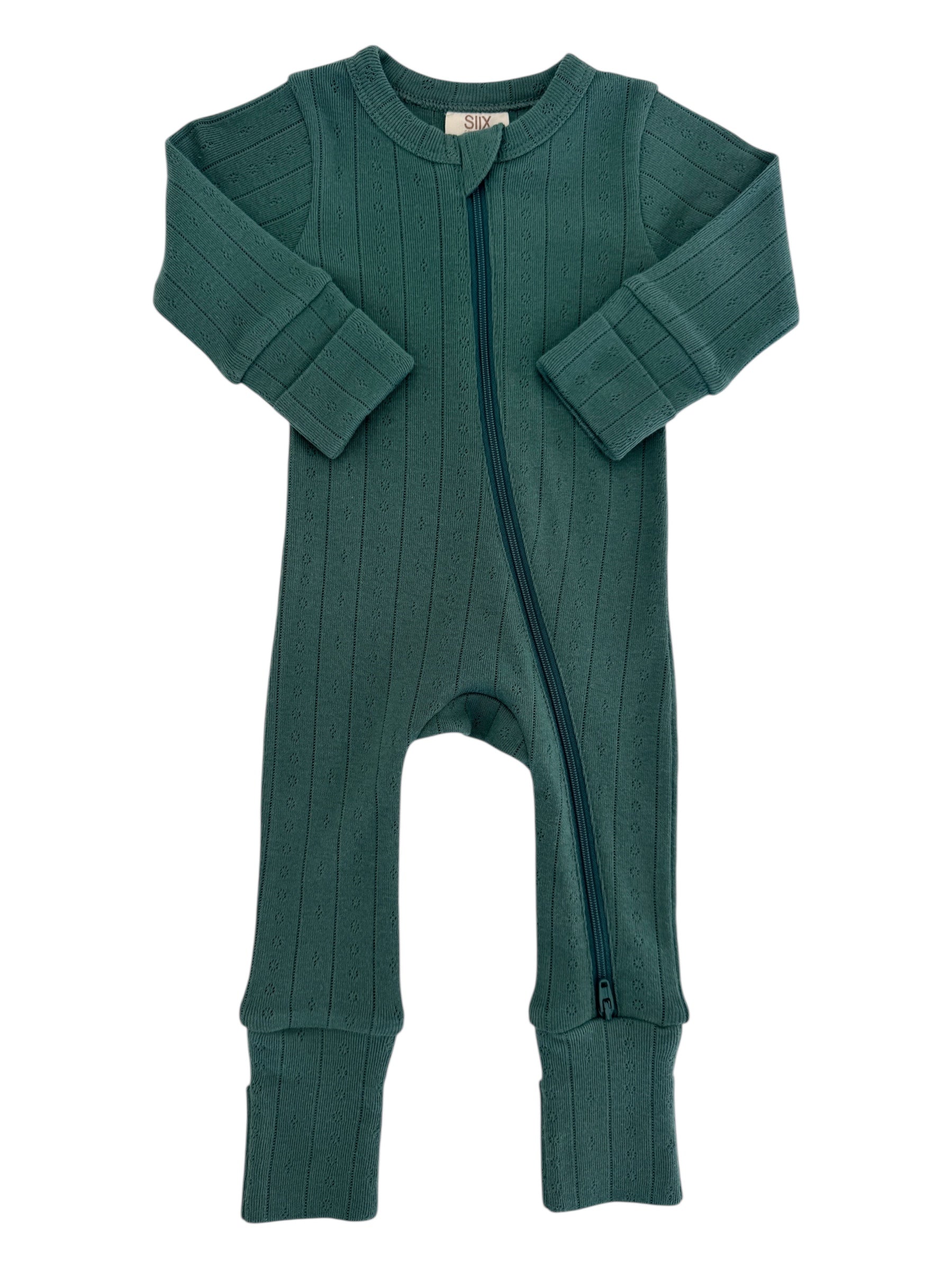 Green infant onesie with a front zipper and ribbed texture. Ideal for comfortable, stylish everyday wear.